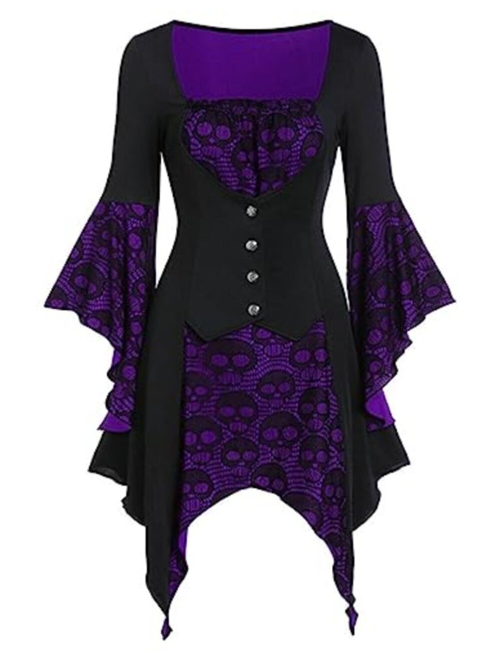 Renaissance Skull Lace Bell Sleeve Corset Top Victorian Button Blouse